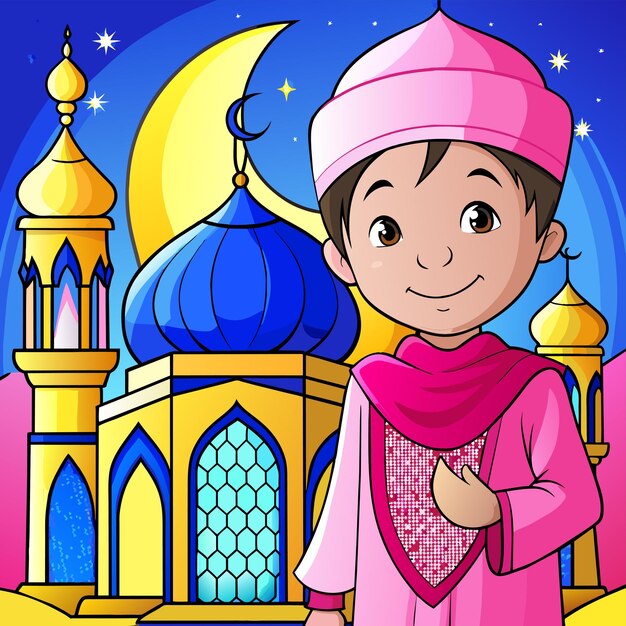 Vector celebración islámica del ramadán fiesta de iftar mascota dibujada a mano personaje de dibujos animados pegatina concepto de icono