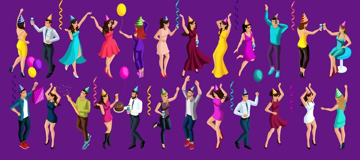 Vector celebración isométrica hombres y mujeres se divierten en una fiesta en un club nocturno celebran