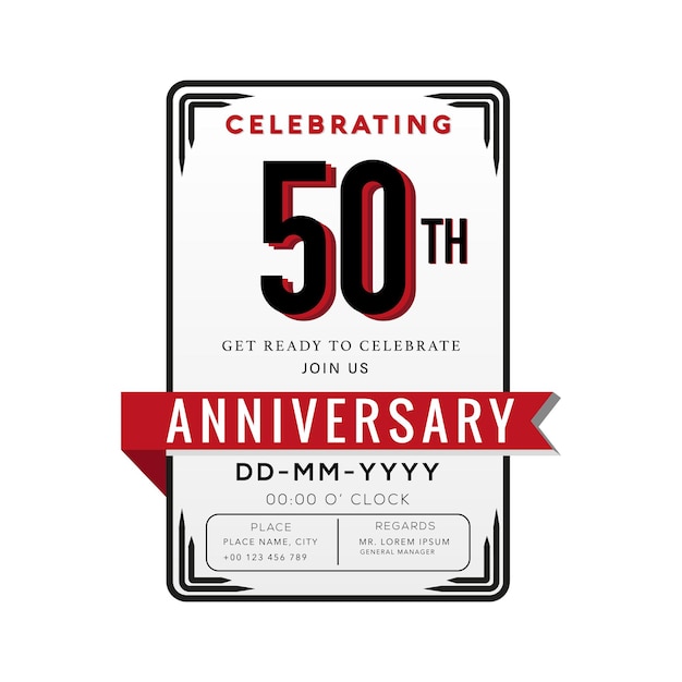 Celebración del logotipo del aniversario de 50 años y tarjeta de invitación con cinta roja aislada.