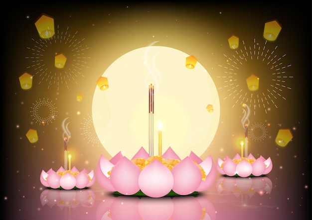 Celebración de la luna llena de la noche con krathong hecho de pétalos de loto rosados flotando en el río