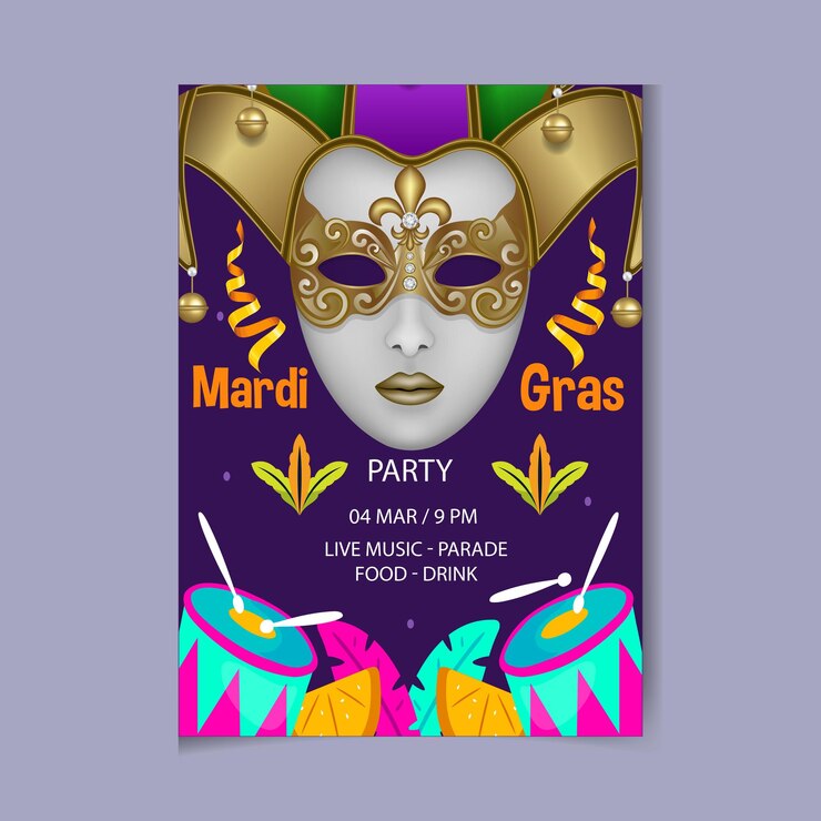 Celebración de Mardi Gras Máscara púrpura y dorada Diseño de carnaval festivo con camiseta