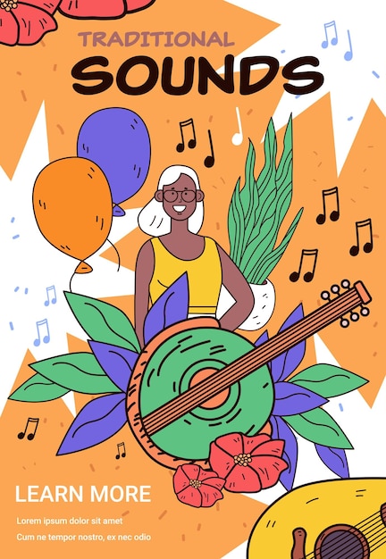 Celebración de música tradicional con mujer guitarra hojas globos colores vibrantes fondo abstracto