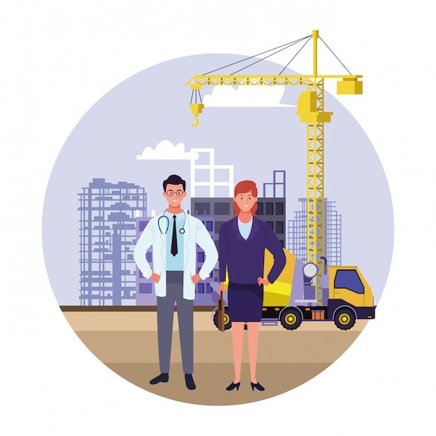 Celebración nacional de la ocupación laboral del día del trabajo, médico con trabajadoras de negocios en la construcción de la ciudad frente a ver ilustración