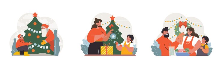 Vector celebración de navidad y año nuevo conjunto miembros de la familia o amigos tradiciones festivas árbol de navidad