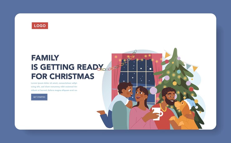 Vector celebración de navidad banner web o página de aterrizaje miembros de la familia alegres pareja negra con hijo y