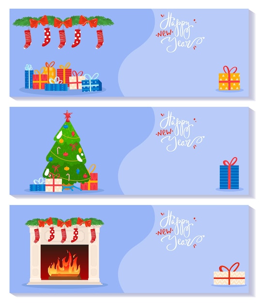 Celebración navidad decoración principal vacaciones conjunto invierno banners acogedor interior tradicional dibujos animados