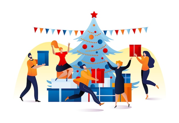 Celebración de navidad con ilustración de vector de regalo personaje de mujer de hombre feliz dar regalos cada uno