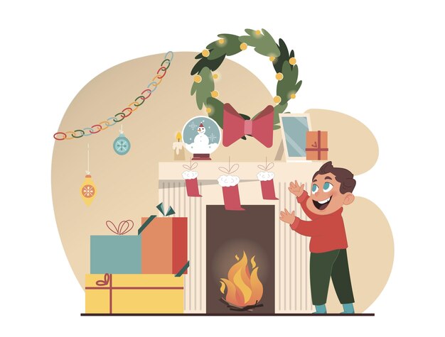 Celebración de Navidad niño feliz en la chimenea decorado para la Navidad niño comprobando la Navidad