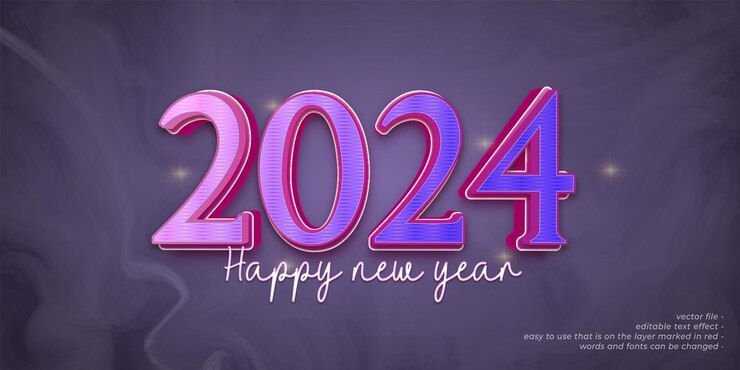 Vector celebración navideña de banner de año nuevo con números de 2024 sobre fondo degradado