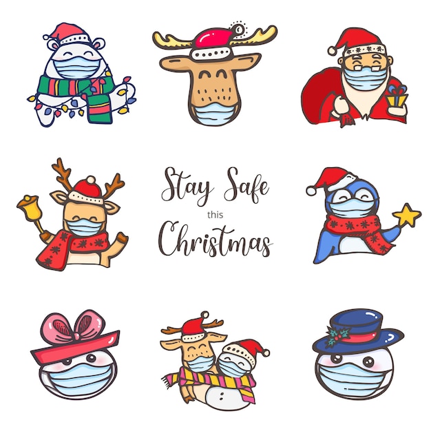 Celebración navideña durante la colección de personajes de covid wear mask stay safe
