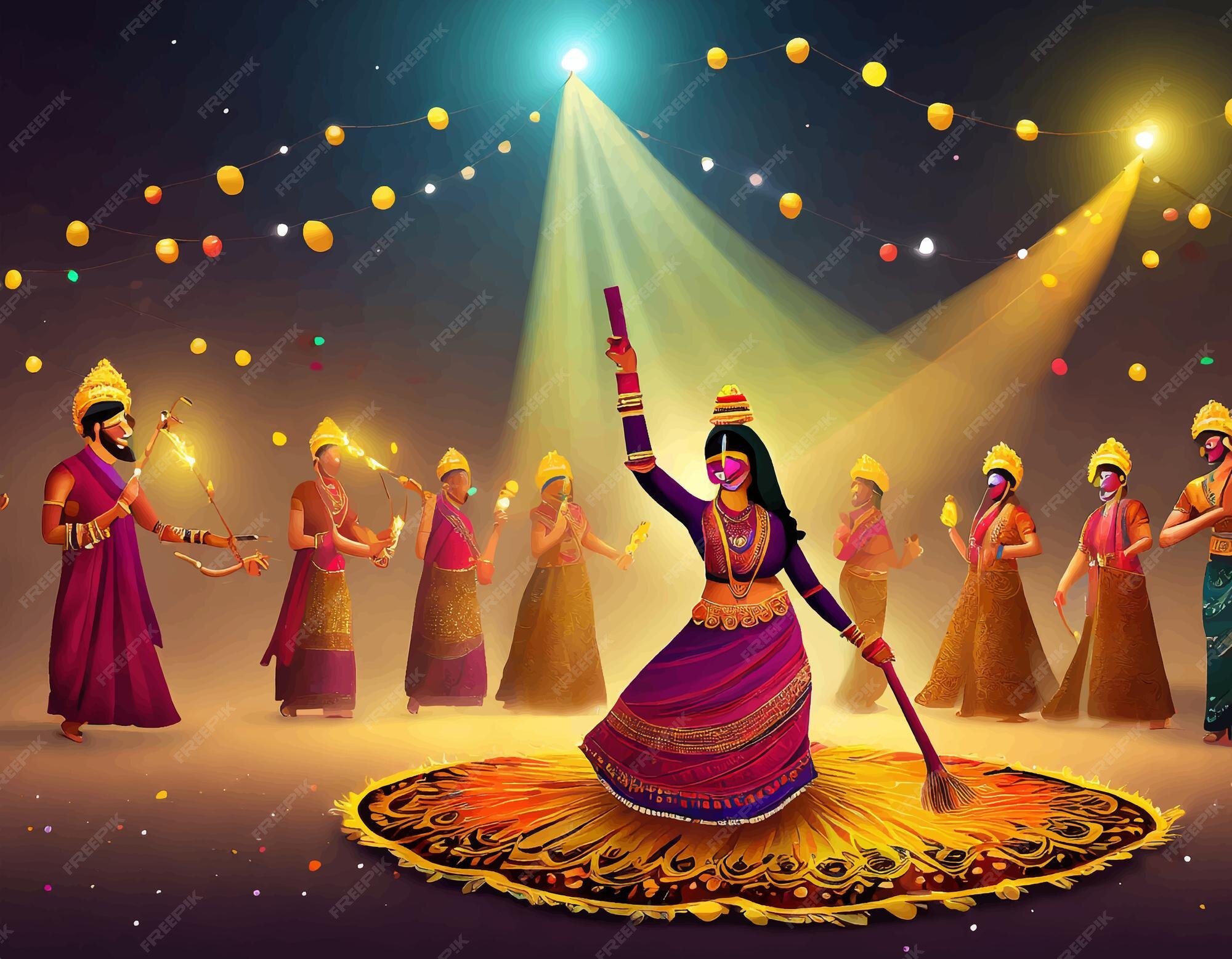 Celebración de la noche de dandiya en navratri 3d Vector Premium
