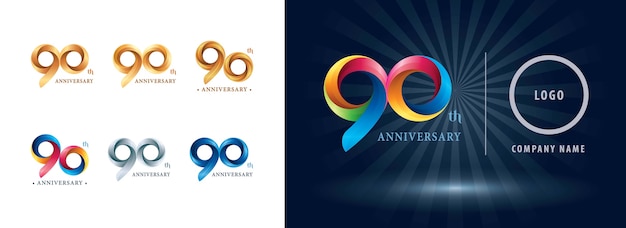 Celebración de noventa años logo de aniversario, origami estilizado letras de números, logo de cintas de torsión