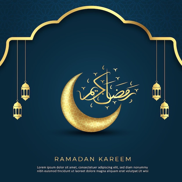 Celebración de oro Ramadán Kareem fondo con luna y diseño de cartel de linterna aislado en azul g