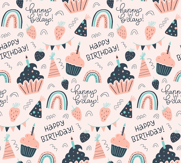Celebración de patrones sin fisuras con cupcakes fresa fiesta sombreros arco iris guirnalda caligrafía de feliz cumpleaños ilustración de vector lindo estilo plano concepto para papel de regalo de tarjeta de felicitación