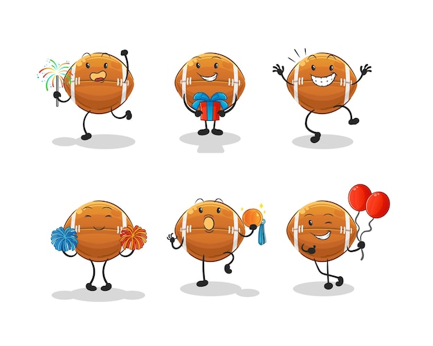 Celebración de pelota de rugby establece vector de mascota de dibujos animados de carácter