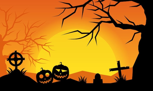 celebración plana de fondo de Halloween con silueta de calabaza y árbol espeluznante