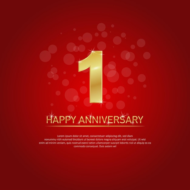 Celebración del primer aniversario en fondo rojo plantilla vectorial de aniversario número dorado 1