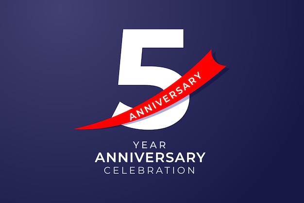 Celebración del quinto aniversario con número blanco e ilustración de cinta roja