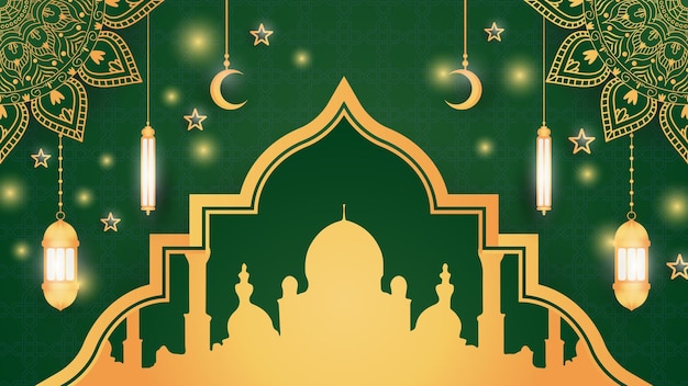 Celebración del Ramadán y Eid Mubarak con mezquita y linternas