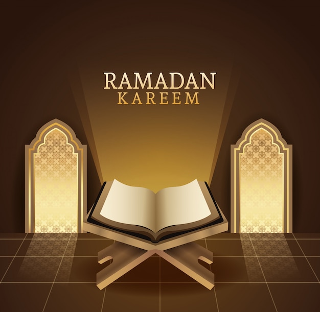 Vector celebración de ramadán kareem con la ilustración del libro corán