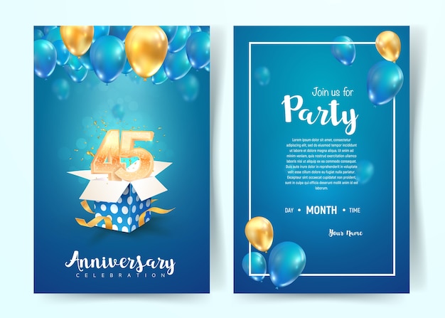 Celebración de la tarjeta de invitación de vector de cumpleaños de 45 años. folleto de celebración de cuarenta y cinco años.