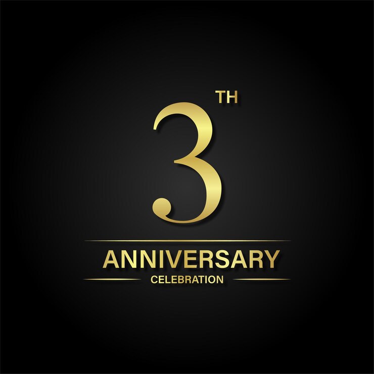 Vector celebración del tercer aniversario con color dorado y fondo negro.