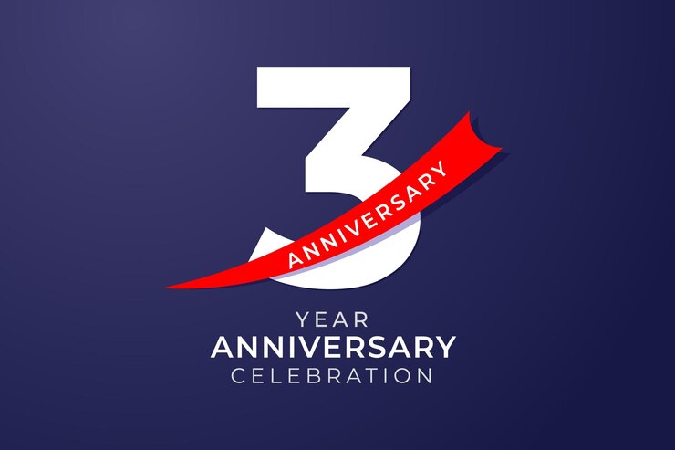 Celebración del tercer aniversario con número blanco e ilustración de cinta roja