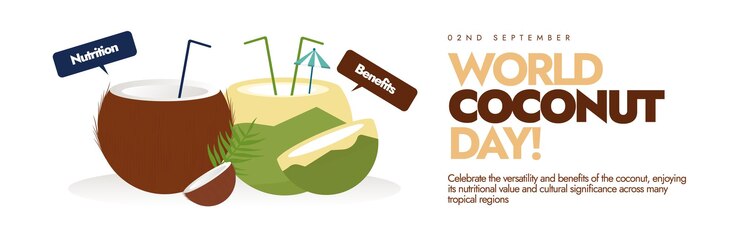 Vector las celebraciones del día del coco cubren el poste de la pancarta con cocos verdes y marrones