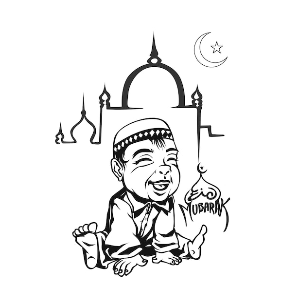 Celebraciones de eid mubarak niño islámico con festival de la comunidad musulmana de la mezquita