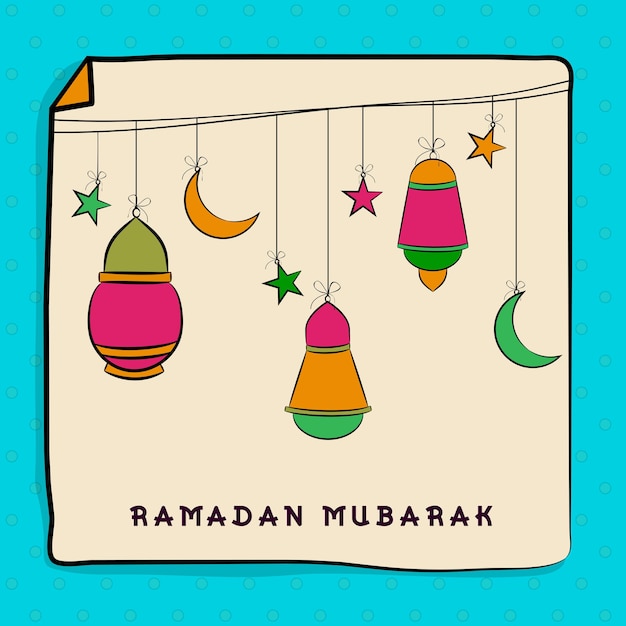 Celebraciones del mes sagrado islámico de las oraciones de Ramadán Kareem con coloridas linternas colgantes, luna y estrellas sobre un fondo beige