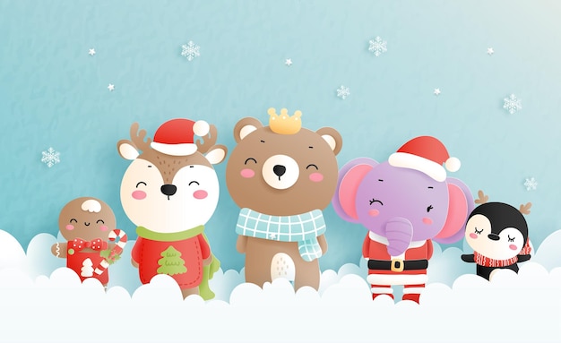 Celebraciones navideñas con animales del bosque, tarjeta navideña en estilo de corte de papel. Ilustración vectorial
