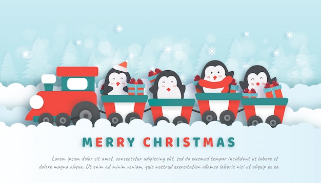 Vector celebraciones navideñas con lindos pingüinos ubicados en el tren en papel cortado y estilo artesanal.