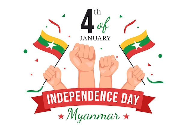 Celebrando el Día de la Independencia de Myanmar el 4 de enero con banderas en la ilustración de fondo de dibujos animados