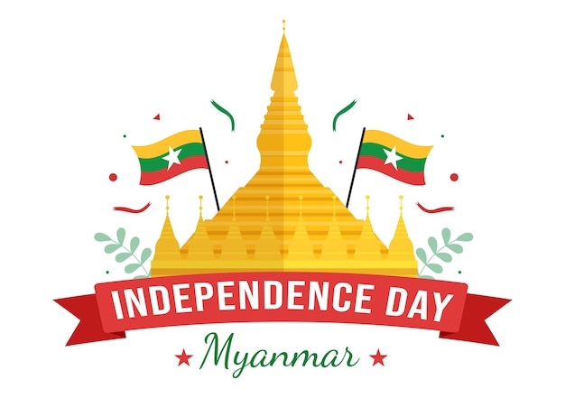 Celebrando el día de la independencia de myanmar el 4 de enero con banderas en la ilustración de fondo de dibujos animados