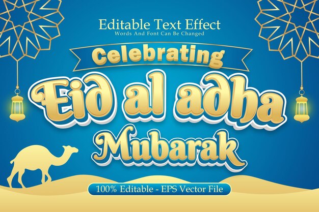 Celebrando Eid Al Adha Mubarak Efecto de texto editable 3 Dimension Relieve Estilo moderno