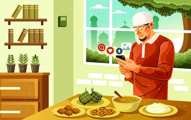 Vector celebrando eid con ilustración de comida deliciosa