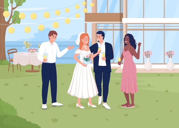 Celebrando el evento de boda en la ilustración de vector de color plano de patio trasero