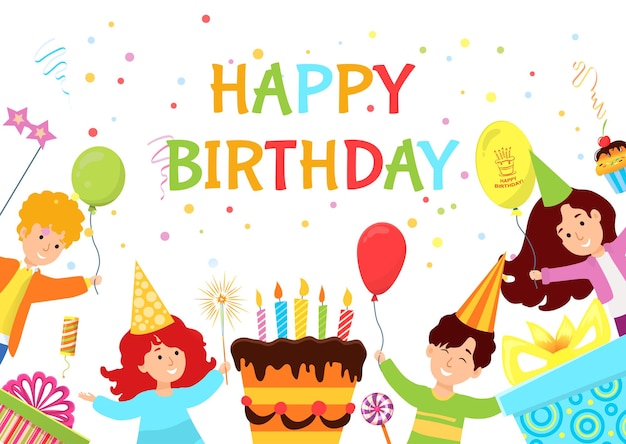 Celebrar alegre invitación banner feliz cumpleaños tarjeta niños carácter juntos fiesta parto pastel plano vector ilustración