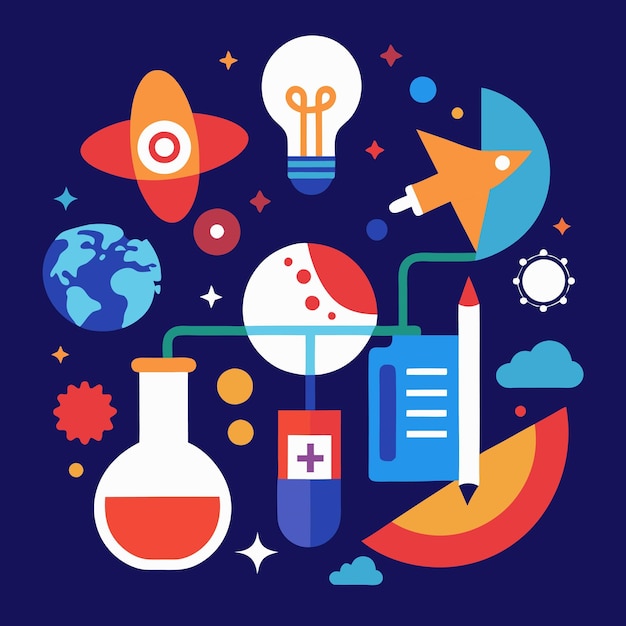 Celebrar el Día Nacional de la Ciencia con una vibrante ilustración plana que muestra los equipos de laboratorio de los científicos