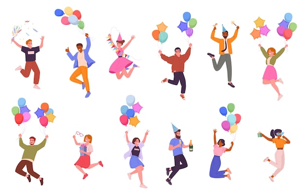 Celebrar a la gente con globos de caja de regalos y un conjunto de ilustraciones vectoriales planas de champán