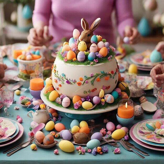 Celebrar la pascua y la imagen colorida de una familia reunida alrededor de una mesa bellamente decorada