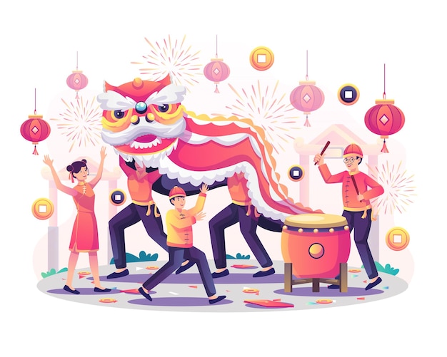 Celebre el año nuevo chino con niños asiáticos jugando con un león bailarín chino lIllustration