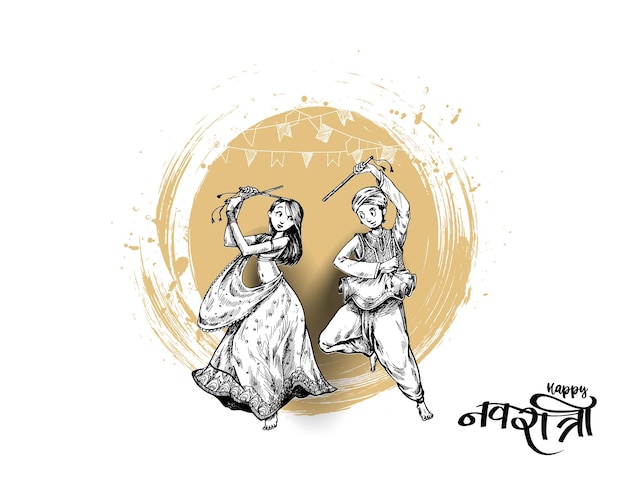 Celebre el festival navratri con el vector de diseño de hombres y mujeres de garba bailando, ilustración vectorial dibujada a mano.