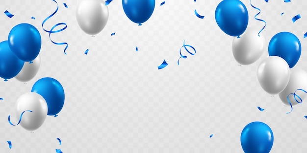 Celebre con globos azules y blancos con confeti para decoraciones festivas ilustración vectorial