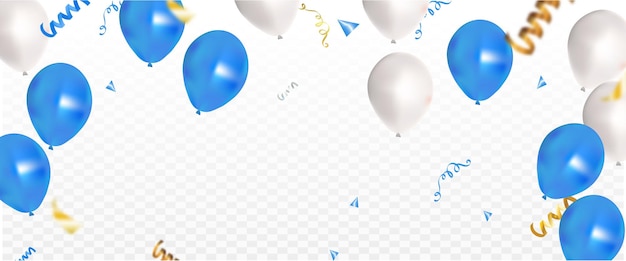 Vector celebre con globos azules y blancos con confeti dorado para decoraciones festivas