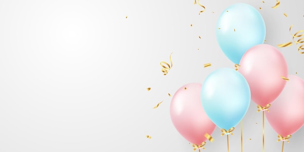 Celebre con globos rosas y azules con confeti elegante para decoraciones festivas ilustración vectorial