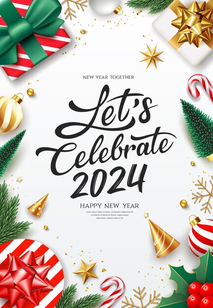 Vector celebremos el 2024 feliz año nuevo adornos tarjetas de felicitación cartel de flyer diseño aislado en blanco