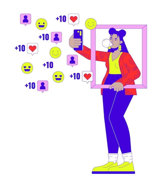 Celebridad de Internet tomando selfies para las redes sociales Concepto de ilustración lineal 2D