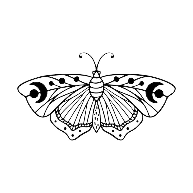 Celestial Butterfly Doodle Ilustración dibujada a mano hermoso arte de líneas tatuaje de mariposa