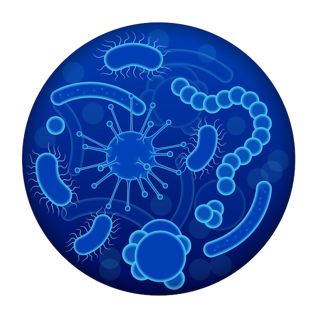 Célula, macrocélula microscópica, bacteria, virus. conjunto de microorganismos objetos que causan enfermedades, diferentes tipos, bacterias, virus, hongos, protozoos ilustración vectorial